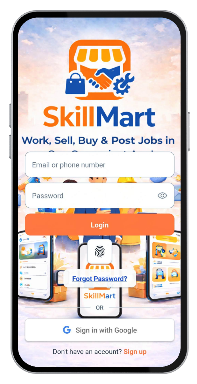 SkillMart login screen with email, password, and Google sign-in